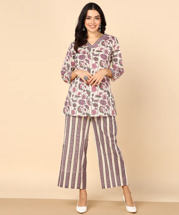 Off_White_And_Pink_Hand_Block_Printed_Floral_Cotton_Kurta_And_Palazzo_Co_Ord_Set_For_Women