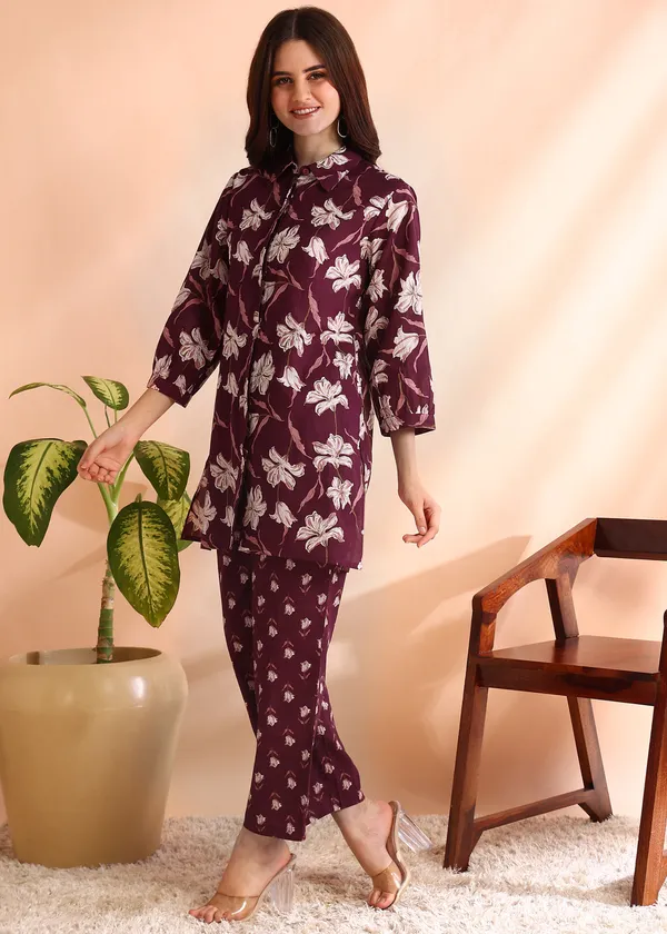 Wine_floral_pure_cotton_cord_set_for_Women