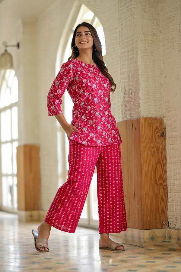 Red_Floral_Print_Cotton_Kurti_And_Striped_Palazzo_Set_For_Women