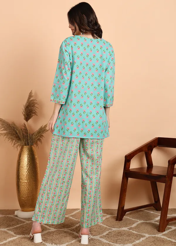 Aqua_Floral_Print_Cotton_cord_set_Set_For_Women