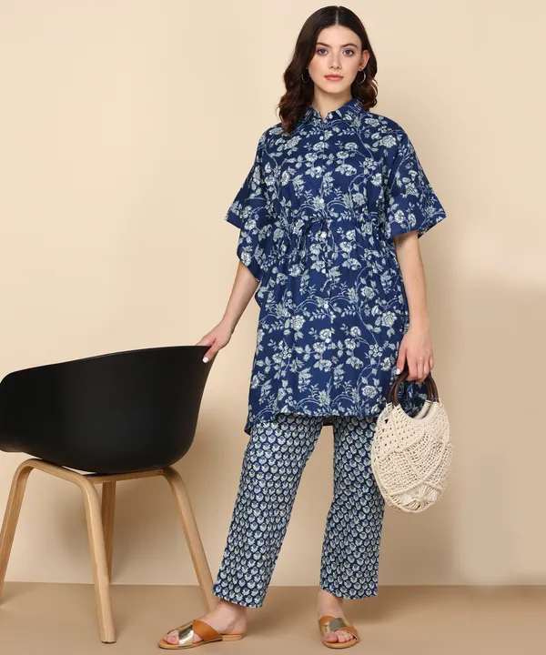 Blue_Floral_Print_Co_Ord_Set_With_Mandarin_Collar_Top_And_Relaxed_Fit_Pants_For_Women