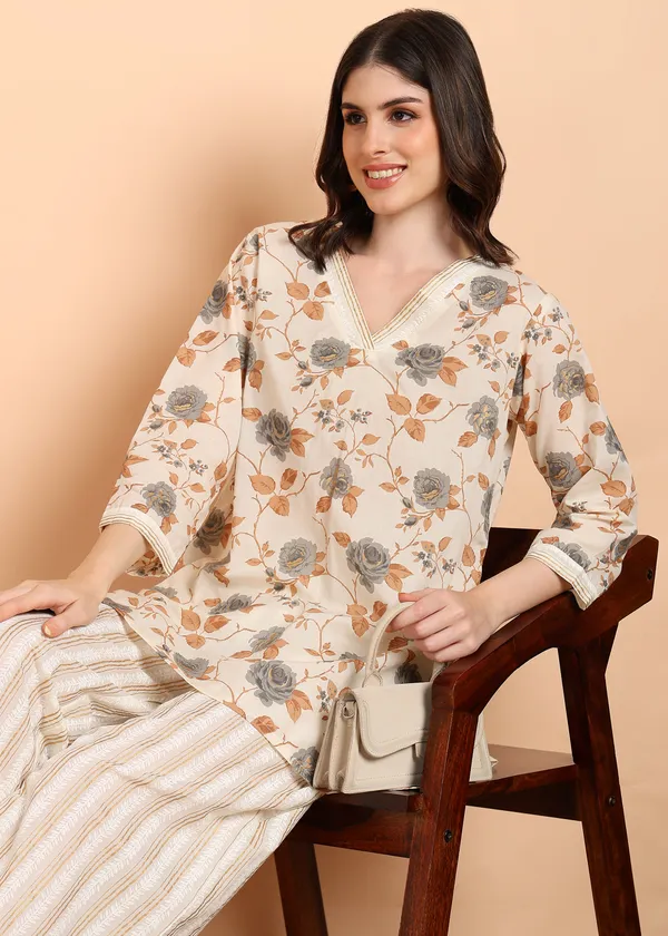Off_White_Floral_Print_Top_With_Striped_Palazzo_Pants_Co_Ord_Set_For_Women