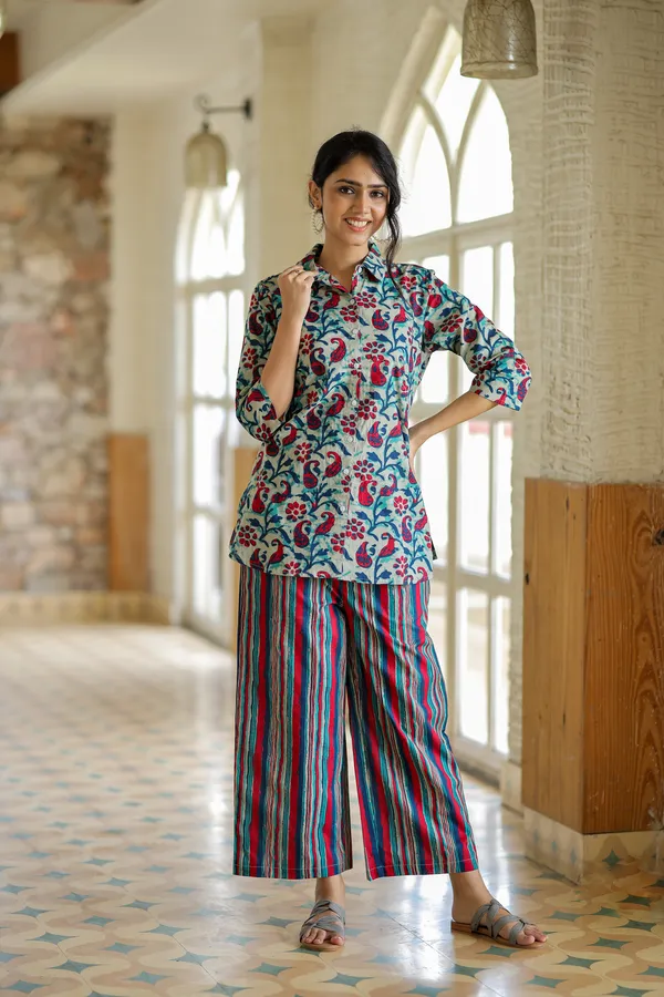 Multicolour_Floral_Print_Cotton_Kurta_With_Striped_Palazzo_Set_For_Women