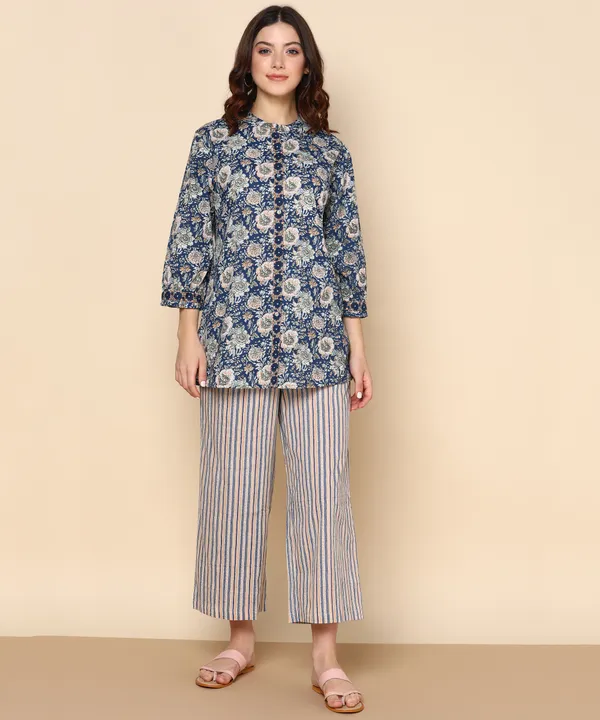 Off_White_And_Blue_Floral_Printed_Cotton_Kurti_With_Striped_Palazzo_Set_For_Women