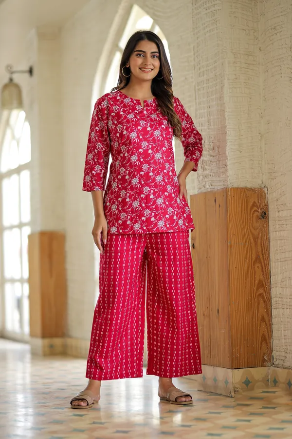 Red_Floral_Print_Cotton_Kurti_And_Striped_Palazzo_Set_For_Women