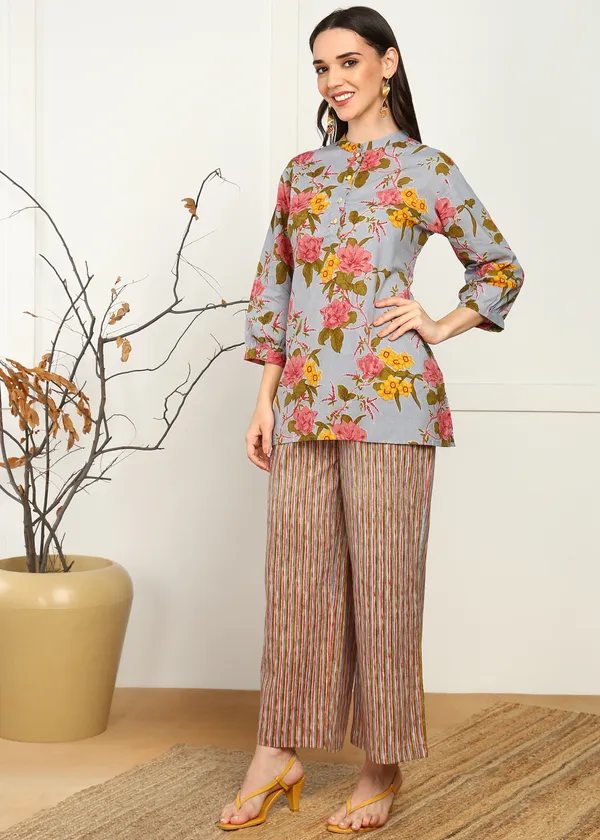 Multicolour_Floral_Print_Top_With_Striped_Palazzo_Pants_Co_Ord_Set_For_Women