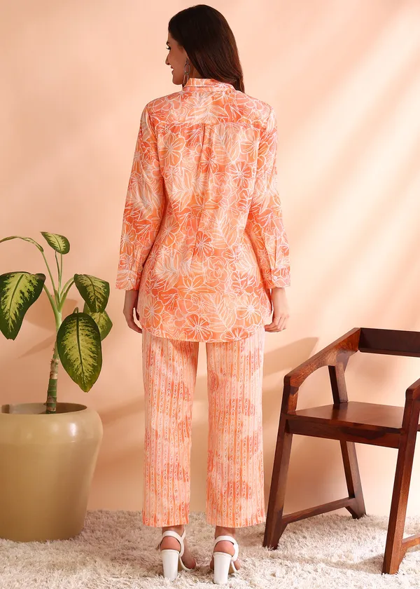 Peach_Floral_Print_Cotton_Night_Suit_Set_For_Women
