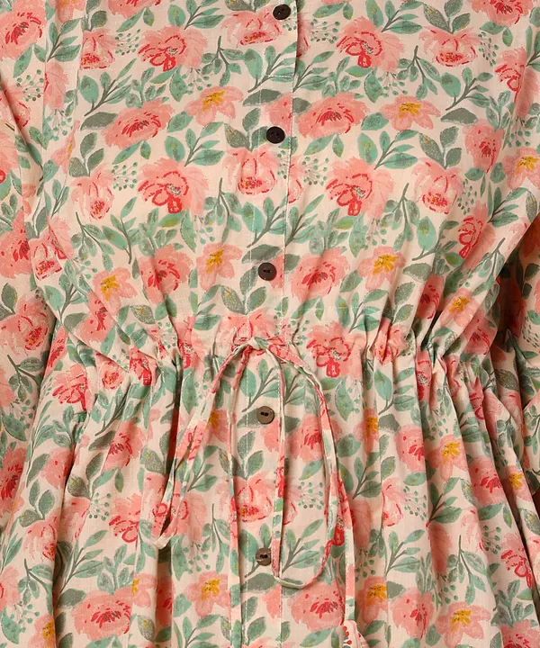 Off_White_And_Peach_Floral_Print_Kaftan_Top_With_Striped_Pants_Co_Ord_Set_For_Women
