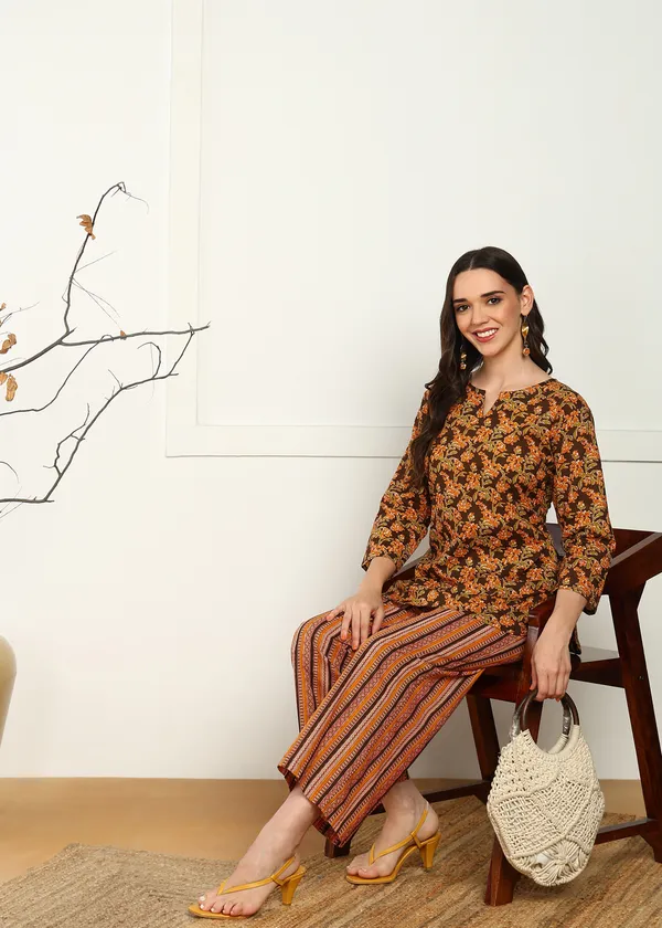 Yellow_And_Brown_Ethnic_Floral_Print_Co_Ord_Set_With_Striped_Palazzo_Pants_For_Women