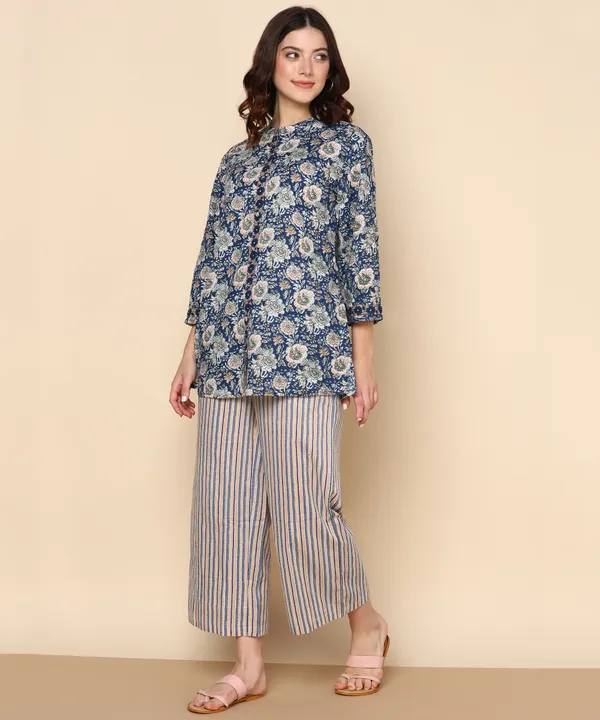 Off_White_And_Blue_Floral_Printed_Cotton_Kurti_With_Striped_Palazzo_Set_For_Women