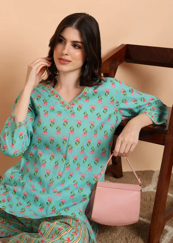 Aqua_Floral_Print_Cotton_cord_set_Set_For_Women