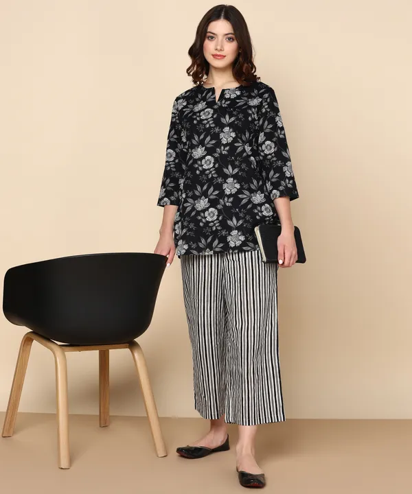 Black_Floral_Print_Top_With_Striped_Palazzo_Pants_Set_For_Women