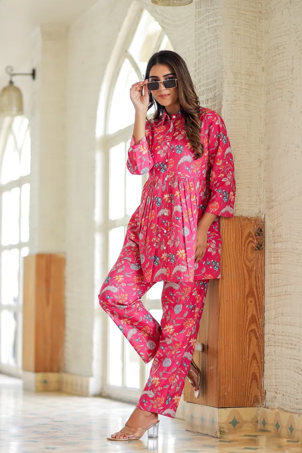 Pink_Floral_Printed_Gathe_Waist_Kurta_Pant_Set_For_Women