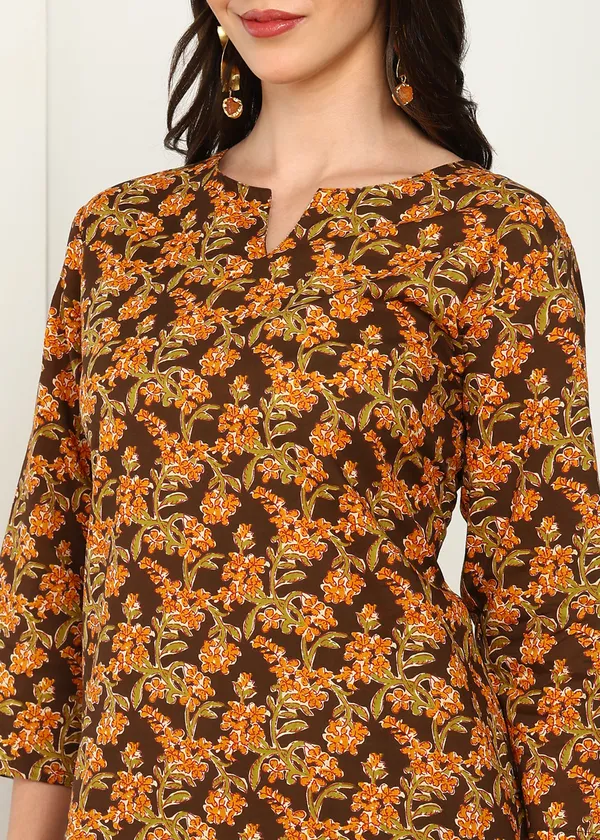Yellow_And_Brown_Ethnic_Floral_Print_Co_Ord_Set_With_Striped_Palazzo_Pants_For_Women