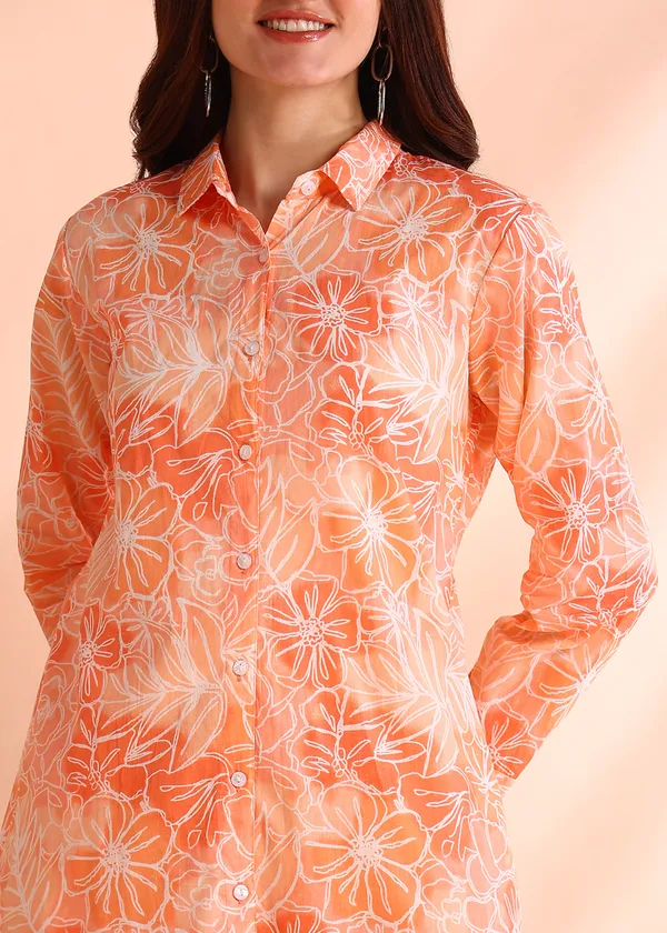 Peach_Floral_Print_Cotton_Night_Suit_Set_For_Women