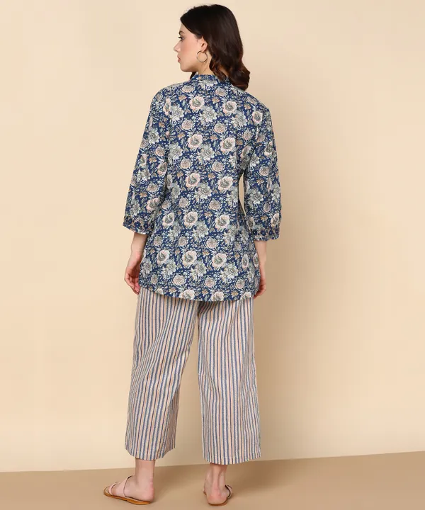 Off_White_And_Blue_Floral_Printed_Cotton_Kurti_With_Striped_Palazzo_Set_For_Women