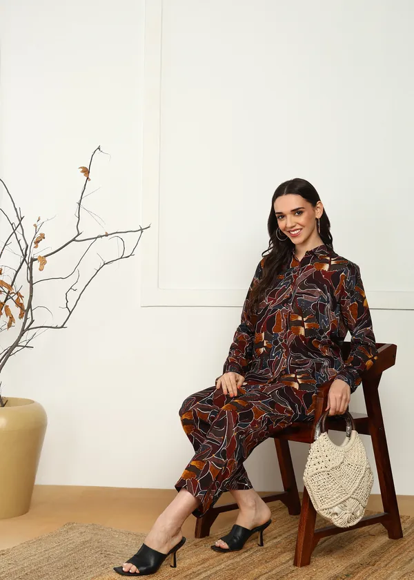 Brown_Abstract_Print_Co_Ord_Set_For_Women