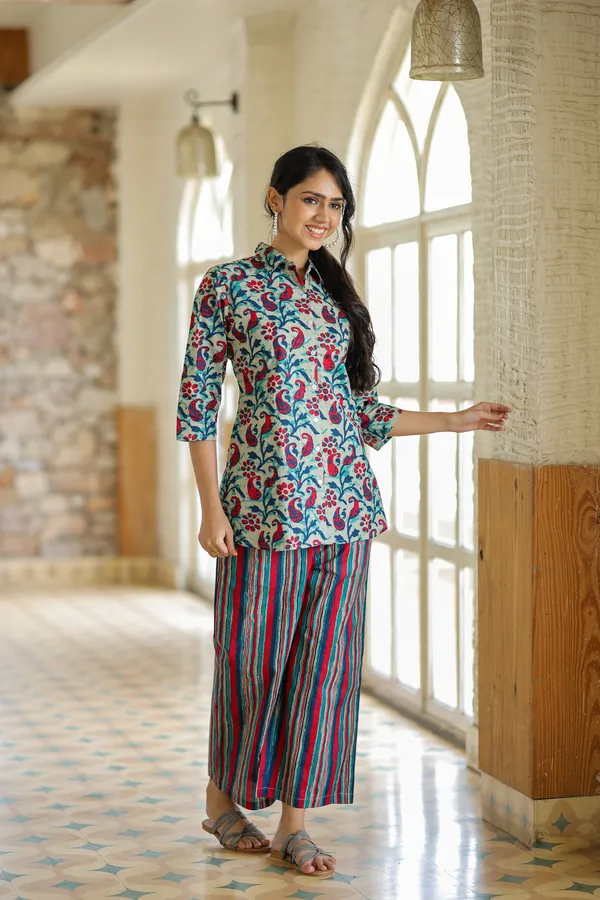 Multicolour_Floral_Print_Cotton_Kurta_With_Striped_Palazzo_Set_For_Women