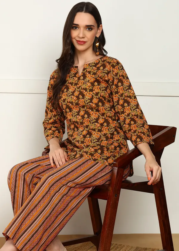 Yellow_And_Brown_Ethnic_Floral_Print_Co_Ord_Set_With_Striped_Palazzo_Pants_For_Women