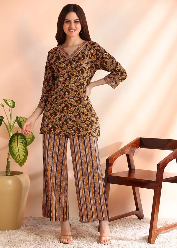 Mustard_Brown_Traditional_Printed_Kurta_And_Palazzo_Set_For_Women