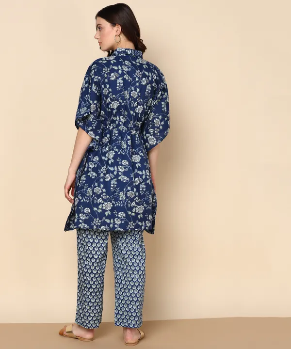 Blue_Floral_Print_Co_Ord_Set_With_Mandarin_Collar_Top_And_Relaxed_Fit_Pants_For_Women