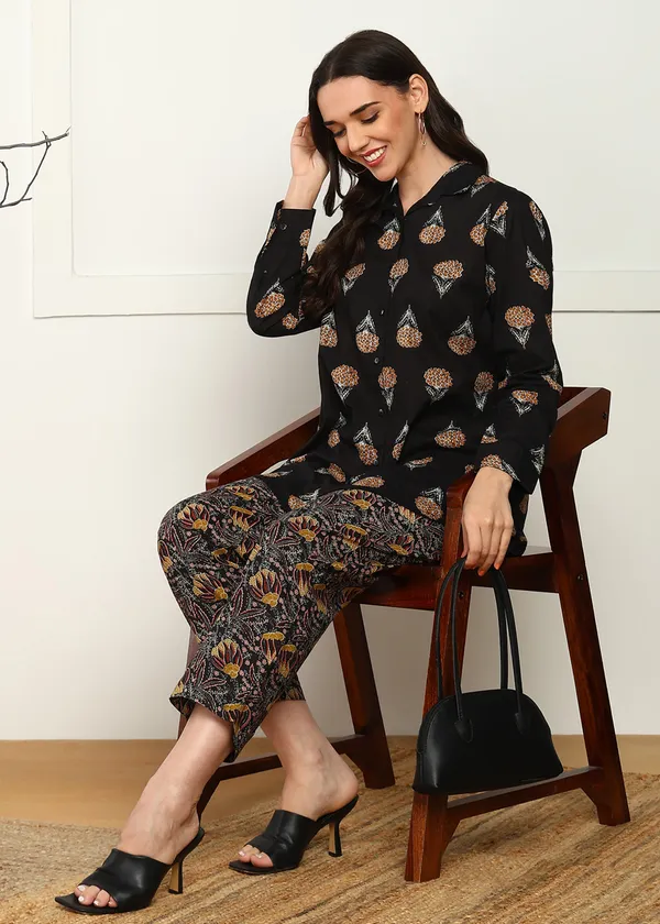 Brown_Floral_Print_Co_Ord_Set_With_Long_Sleeves_And_Patterned_Pants_For_Women