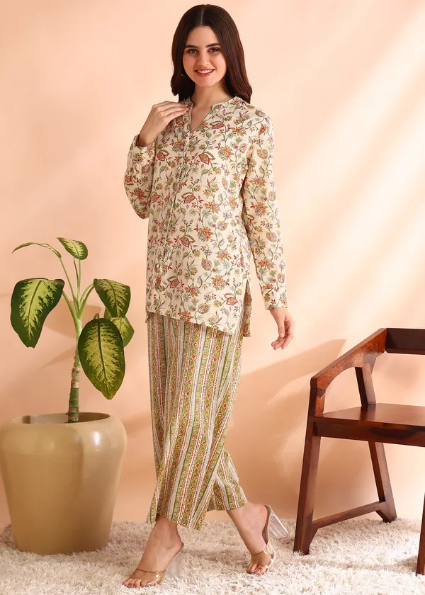 Off_White_Floral_Print_Co_Ord_Set_With_Striped_Palazzo_Pants_For_Women
