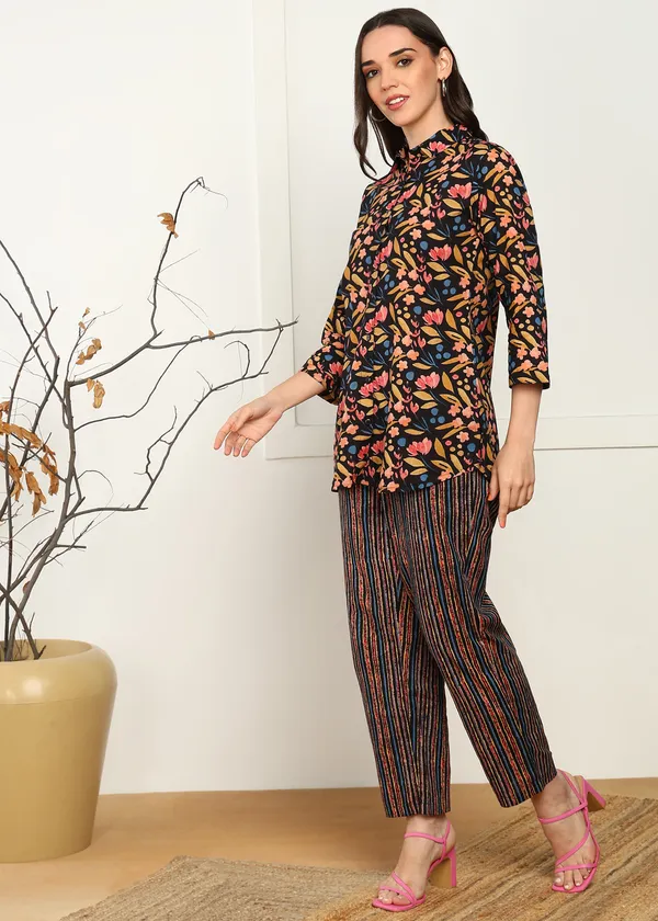 Brown_Floral_Print_Top_And_Striped_Pants_Co_Ord_Set_For_Women