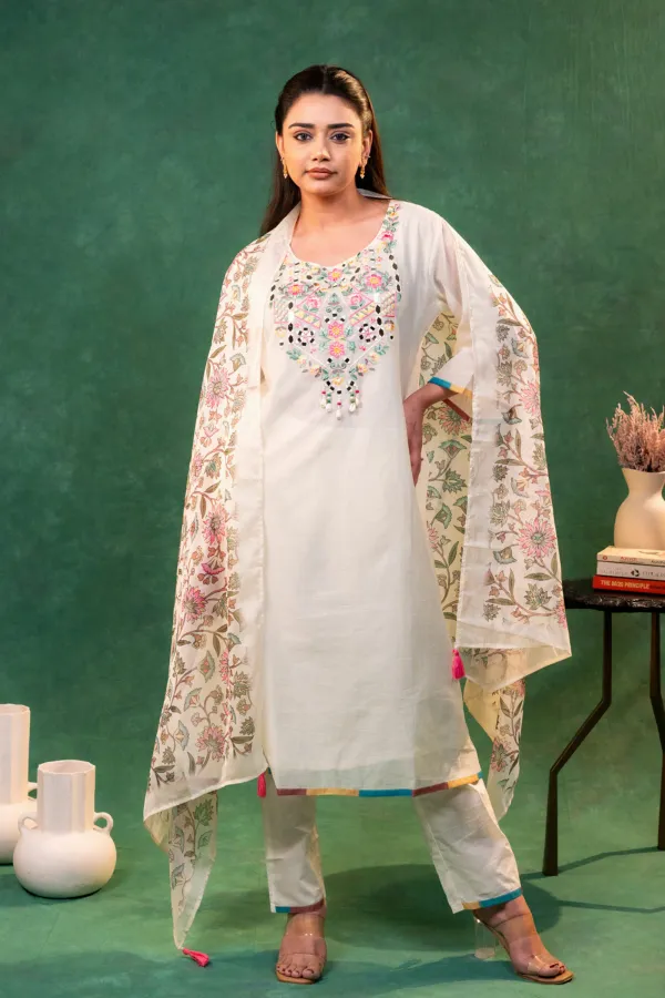 Cream__A-Line_Embroided_Neck_Suit_with_Printed_Dupatta