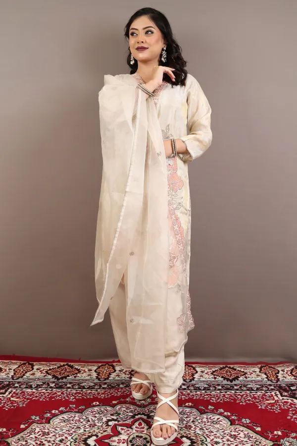 Beige_Organza_Three_Piece_Suit_For_Women