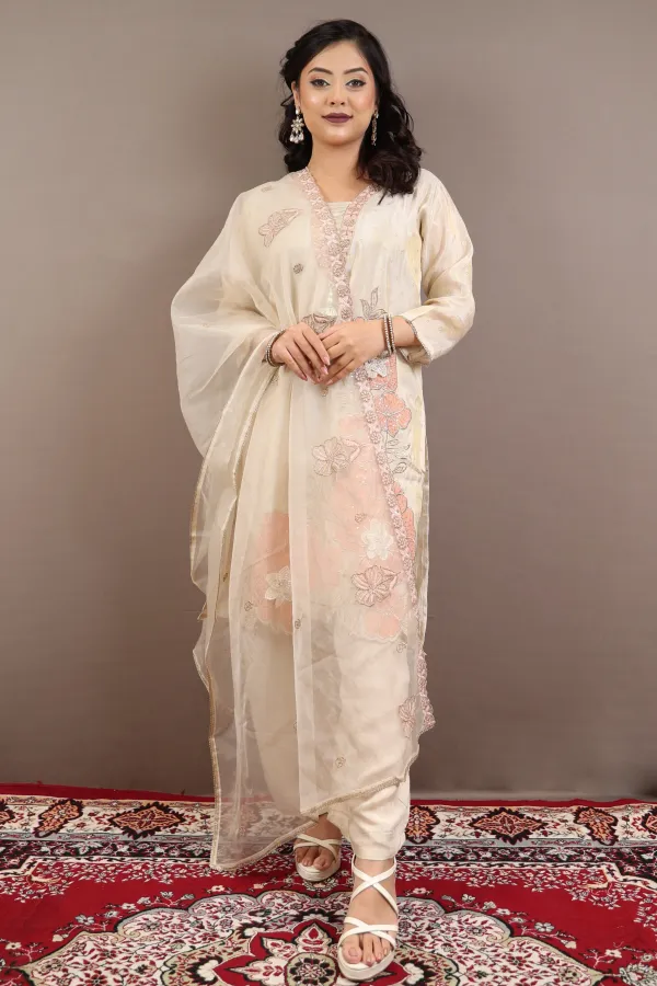 Beige_Organza_Three_Piece_Suit_For_Women