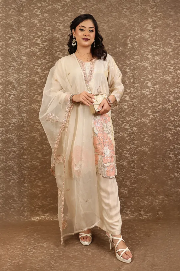 Beige_Organza_Three_Piece_Suit_For_Women