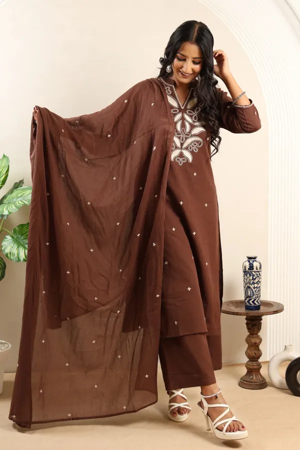 Brown_Cotton_Three_Piece_Suit_and_Plazzo_For_Women