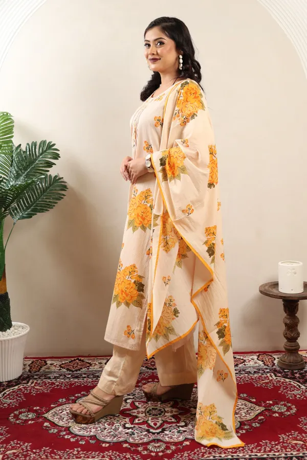 Beige_And_Yellow_Cotton_A_Line_Three_Piece_Suit_For_Women