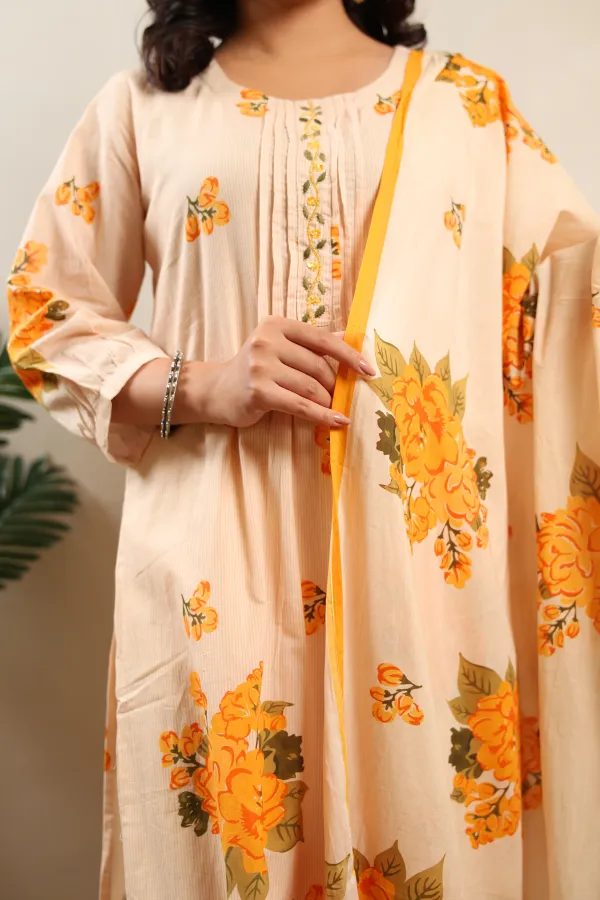 Beige_And_Yellow_Cotton_A_Line_Three_Piece_Suit_For_Women