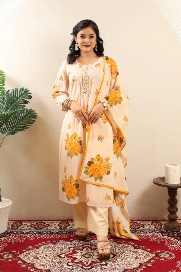 Beige_And_Yellow_Cotton_A_Line_Three_Piece_Suit_For_Women