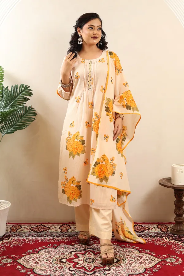 Beige_And_Yellow_Cotton_A_Line_Three_Piece_Suit_For_Women