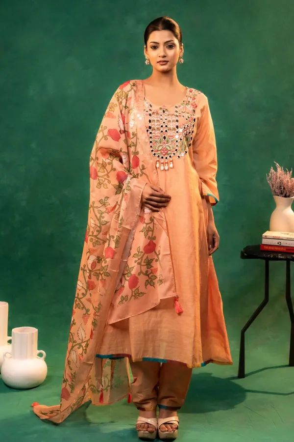 Peach_A-Line_Embroided_Neck_Suit_with_Printed_Dupatta