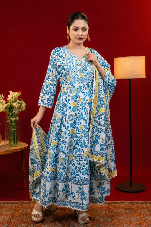 Blue_Mul_Cotton_Anarkali_Suit_with_Embroidered_Neckline_and_Printed_Dupatta