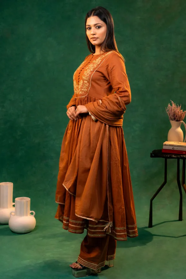 Brown_Mul_Cotton_Anarkali_With_Embroidered_Neck_and_Lace_work