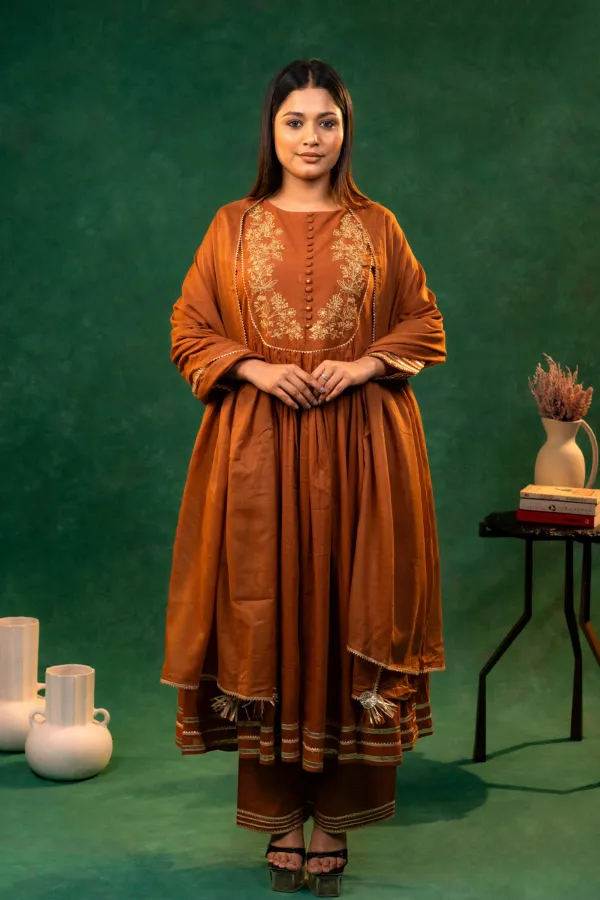Brown_Mul_Cotton_Anarkali_With_Embroidered_Neck_and_Lace_work