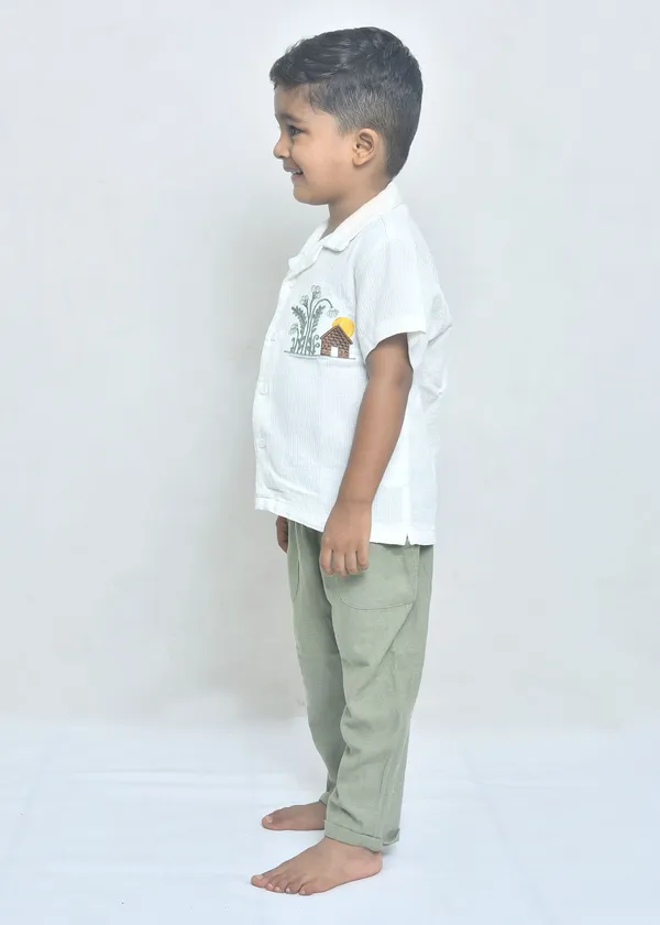 White_And_Green_Organic_Cotton_Botanical_Graphic_Shirt_And_Trousers_Set_For_Boys