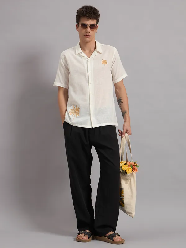White_Organic_Cotton_Textured_Palm_Embroidered_Relaxed_Shirt_For_Men