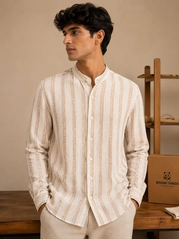 Cream_Organic_Cotton_Striped_Mandarin_Collar_Full_Sleeve_Shirt_For_Men