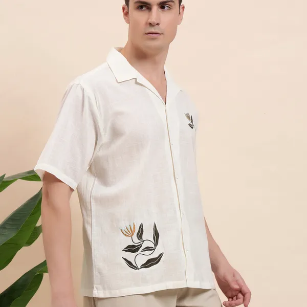 White_Organic_Cotton_Textured_Relaxed_Fit_Floral_Embroidered_Camp_Collar_Shirt_For_Men
