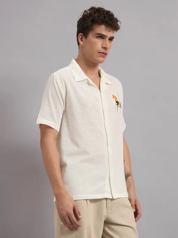 White_Organic_Cotton_Embroidered_Casual_Short_Sleeve_Shirt_For_Men