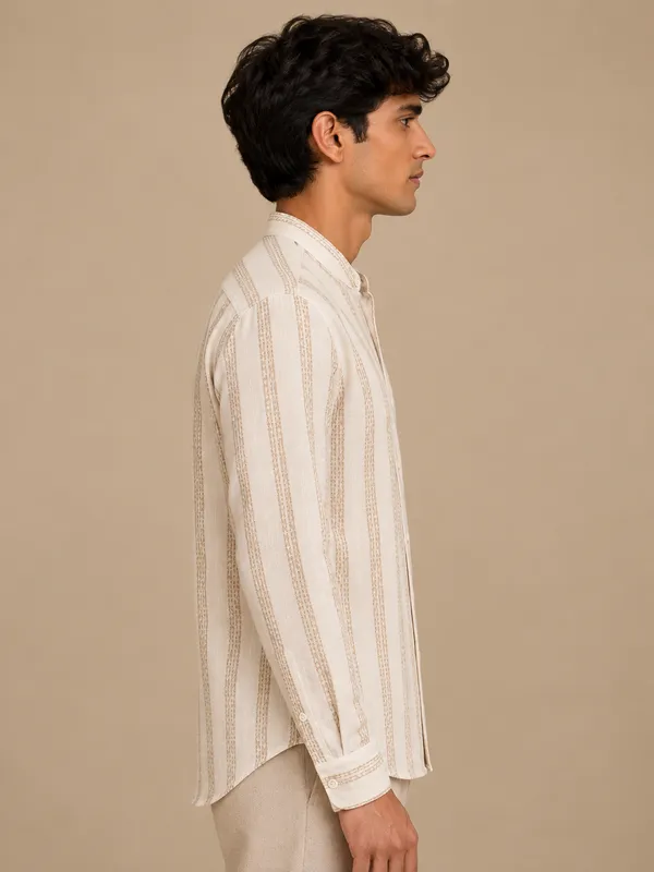 Cream_Organic_Cotton_Striped_Mandarin_Collar_Full_Sleeve_Shirt_For_Men