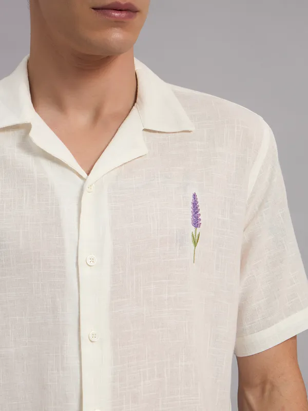 White_Organic_Cotton_Textured_Lavender_Floral_Embroidered_Camp_Collar_Shirt_For_Men