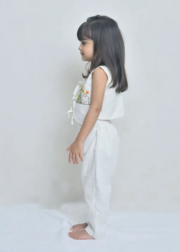 White_Organic_Cotton_Embroidered_Sleeveless_Top_And_Trousers_Set_For_Girls