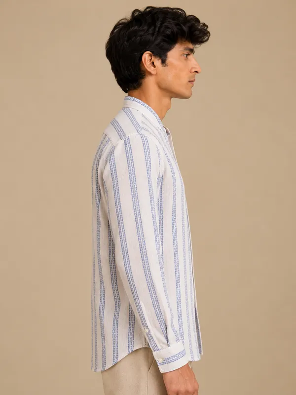 White_Handloom_Linen_Striped_Mandarin_Collar_Full_Sleeve_Shirt_For_Men